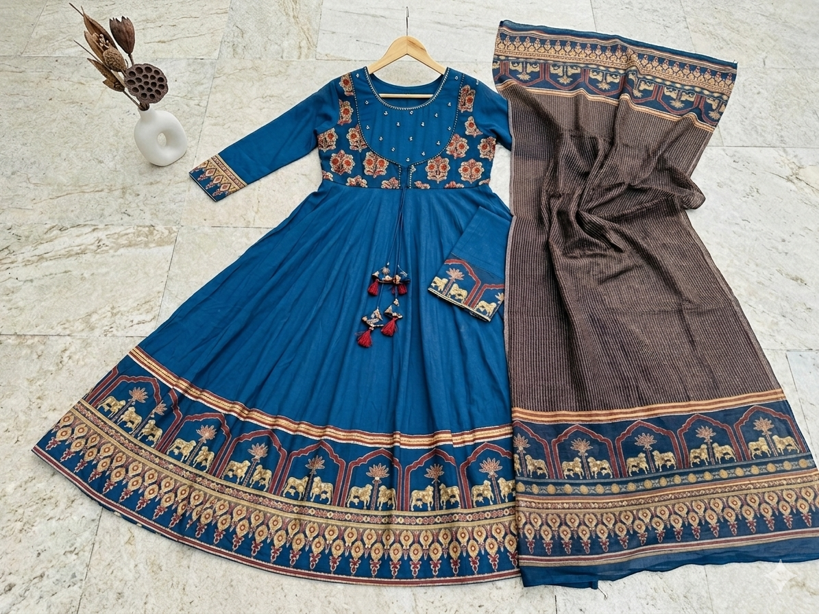 Blue Cotton Anarkali Suit Set with Ethnic Print & Tassel Detailing