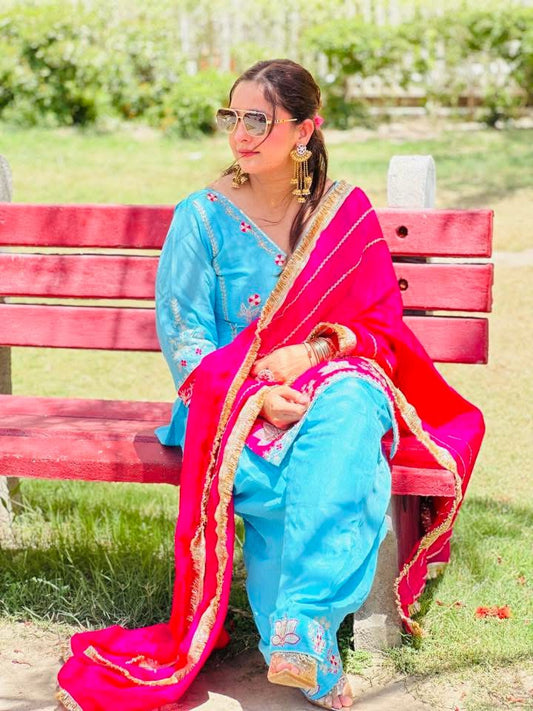 Sky Blue & Pink Embroidered Patiyala Suit Set with Chinon Dupatta