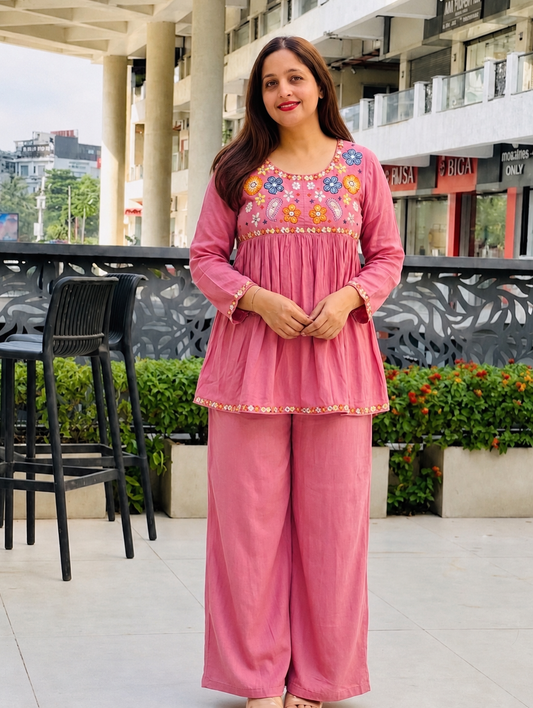 Pink Floral Embroidery Peplum Co-ord Set