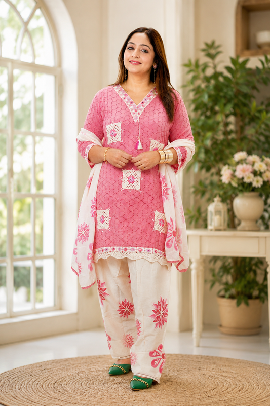 Pink Cotton Suit Set with Lace & Printed Detailing Kurta Salwar Dupatta