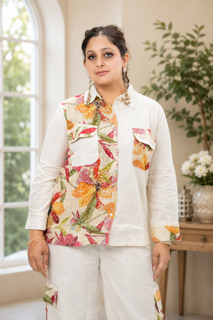 Ivory Multicolor Floral Print Co-ord Set | Shirt Top & Wide Leg Pants