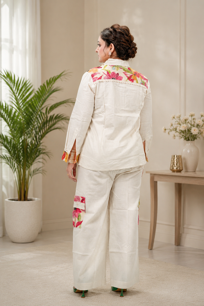 Ivory Multicolor Floral Print Co-ord Set | Shirt Top & Wide Leg Pants