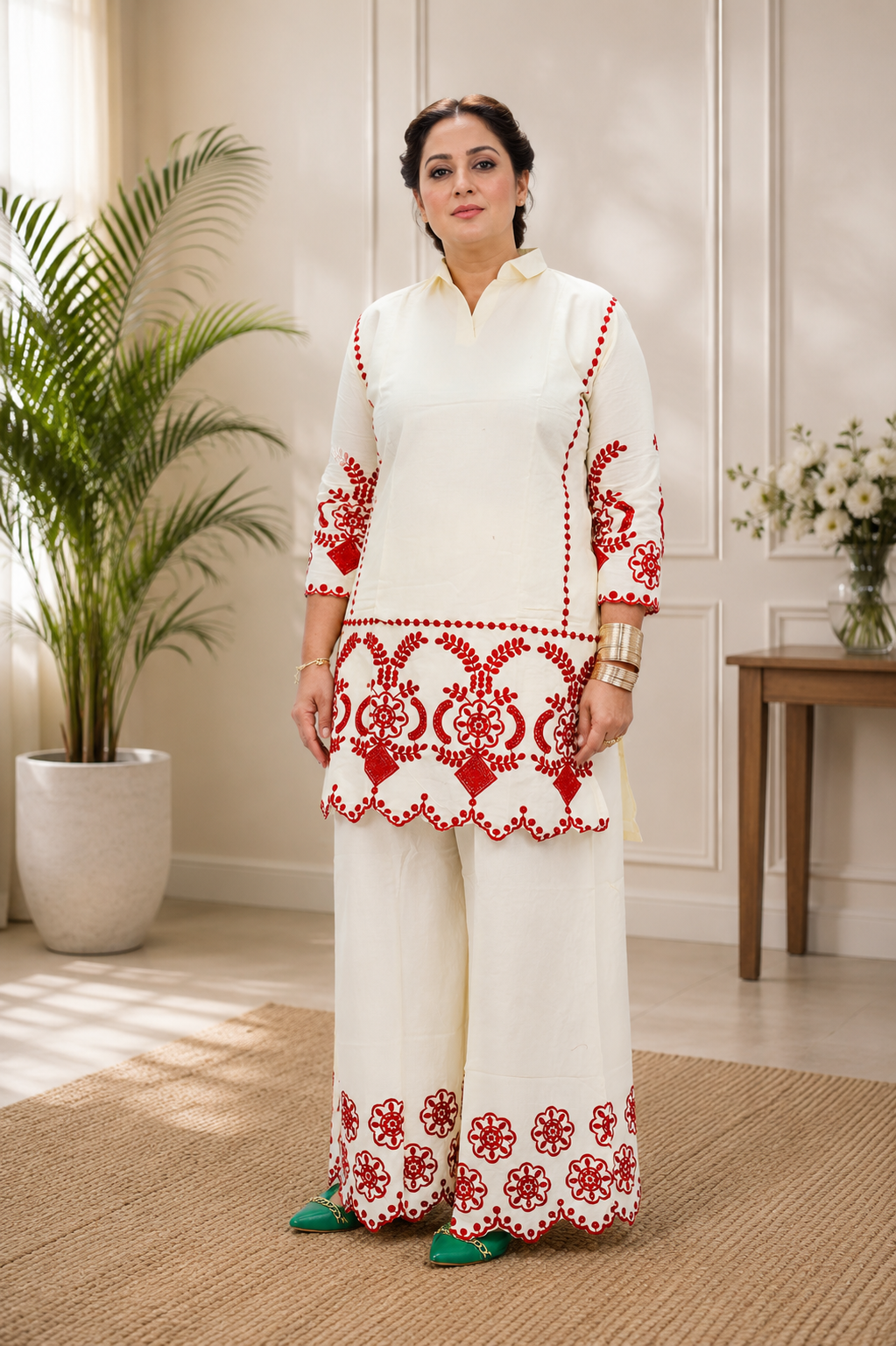 Ivory & Red Embroidered Co-ord Set – Tunic & Palazzo Pants