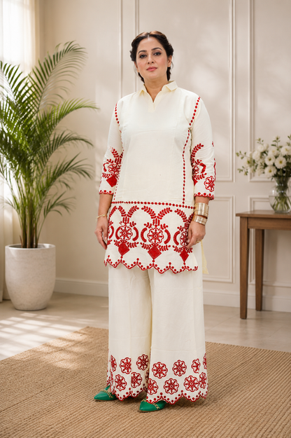 Ivory & Red Embroidered Co-ord Set – Tunic & Palazzo Pants