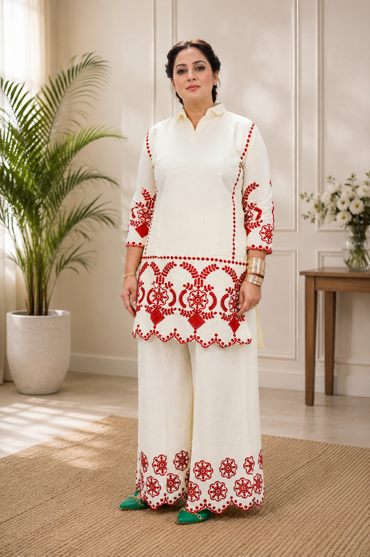 Ivory & Red Embroidered Co-ord Set – Tunic & Palazzo Pants