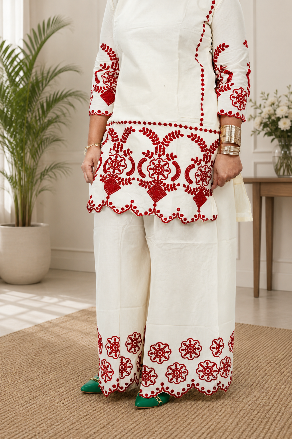 Ivory & Red Embroidered Co-ord Set – Tunic & Palazzo Pants