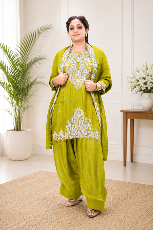 Pink Patiyala salwar suit in shimmer silk with sequence and zari embroidery and chiffon dupatta – view 6