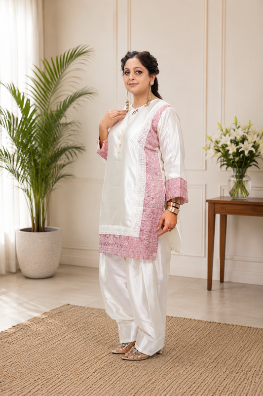 White & Pink Satin Farshi Salwar Suit with Tabby Dupatta