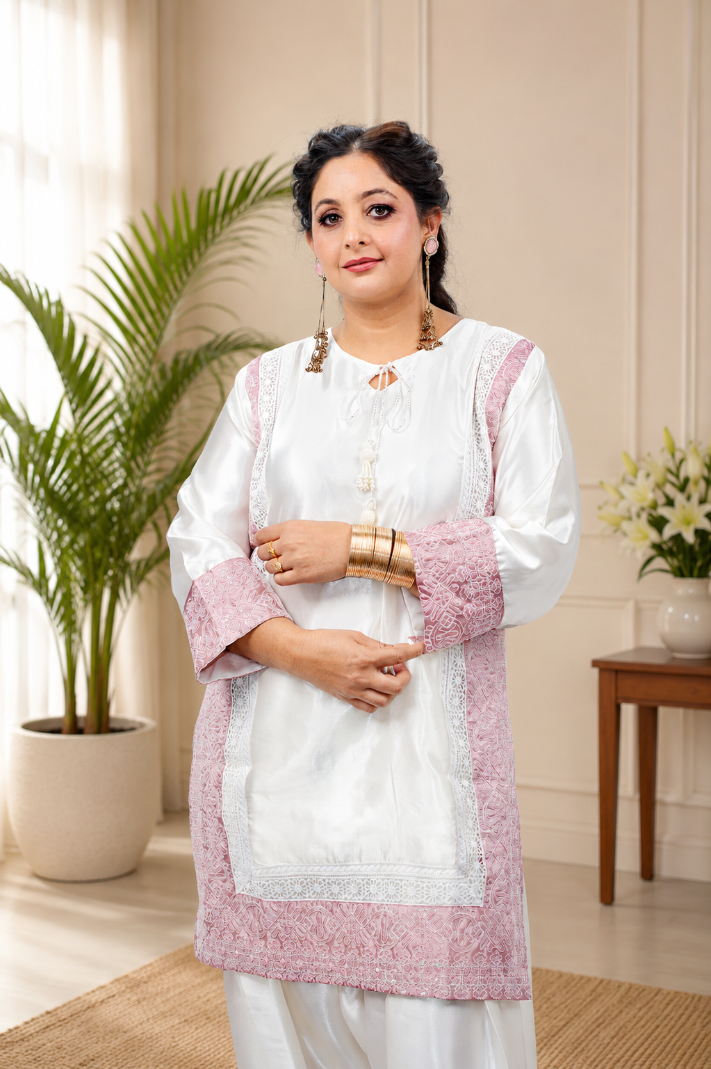 White & Pink Satin Farshi Salwar Suit with Tabby Dupatta