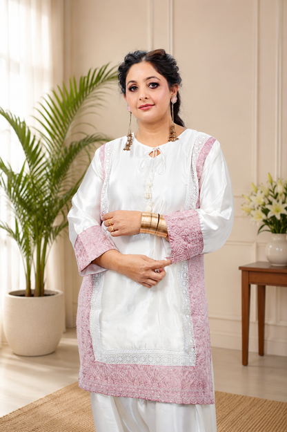 White & Pink Satin Farshi Salwar Suit with Tabby Dupatta