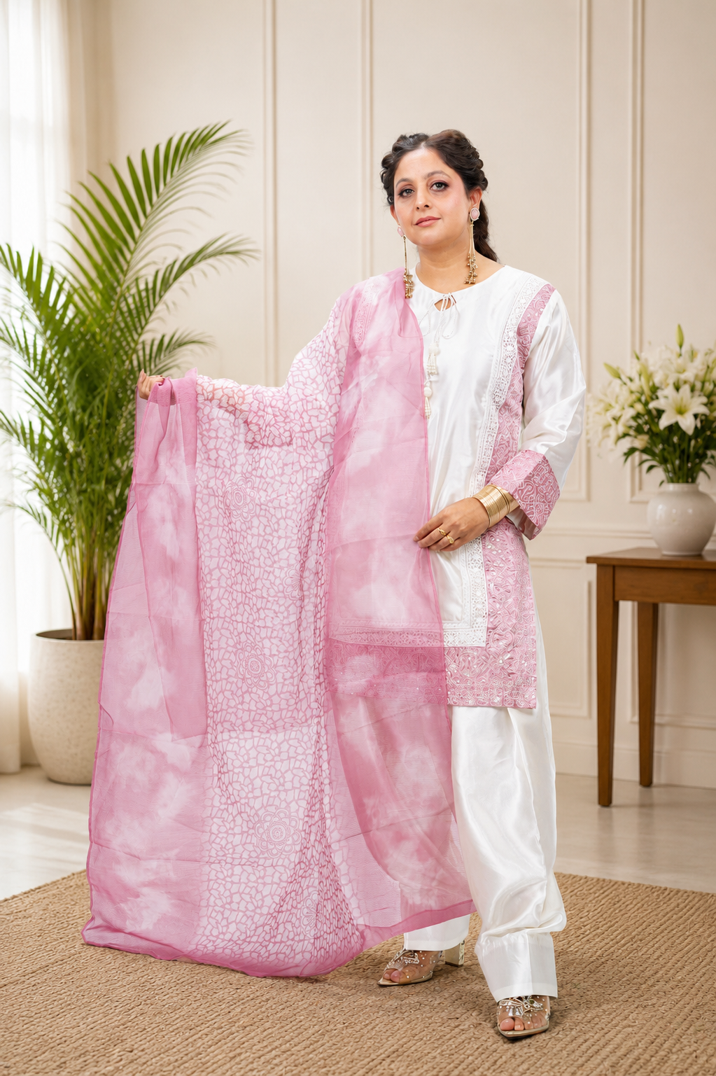 White & Pink Satin Farshi Salwar Suit with Tabby Dupatta