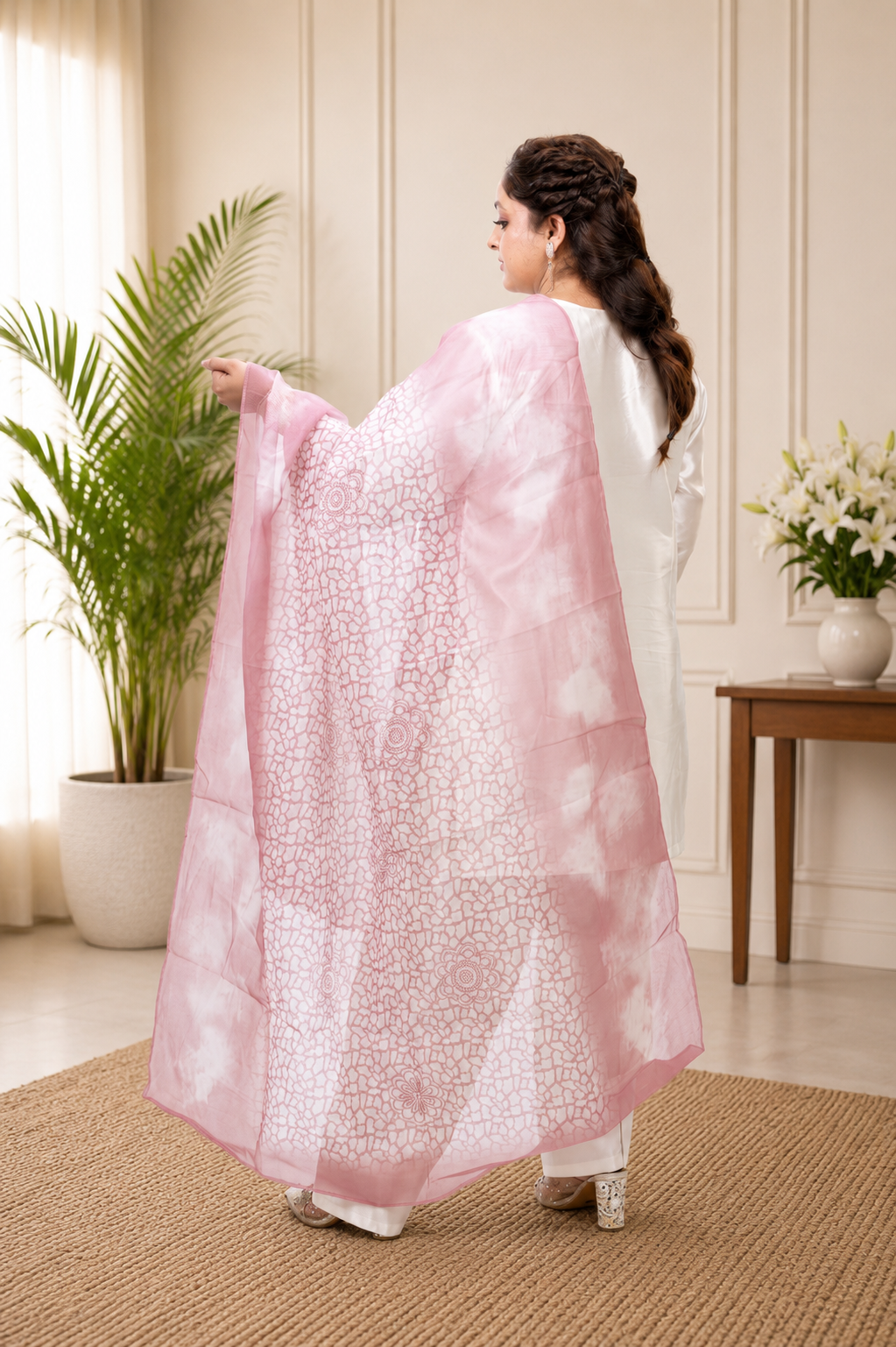 White & Pink Satin Farshi Salwar Suit with Tabby Dupatta