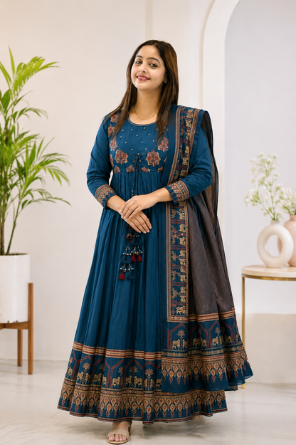 Blue Cotton Anarkali Suit Set with Ethnic Print & Tassel Detailing