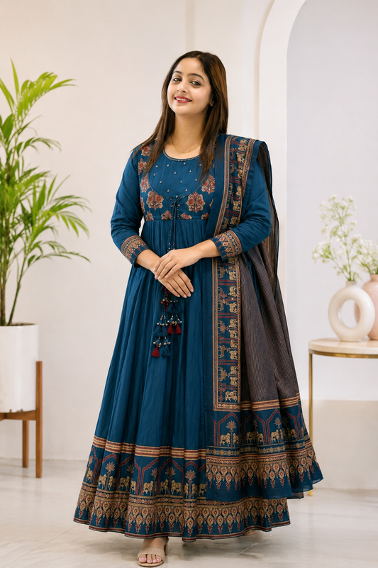 Blue Cotton Anarkali Suit Set with Ethnic Print & Tassel Detailing
