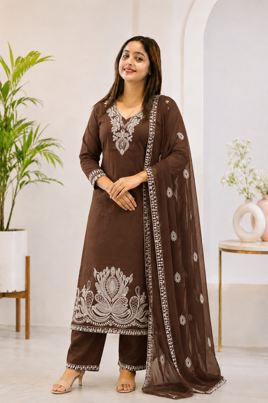 Coffee Brown Pure Cotton Suit Set | White Thread Embroidery | Straight Kurta with Salwar & Dupatta