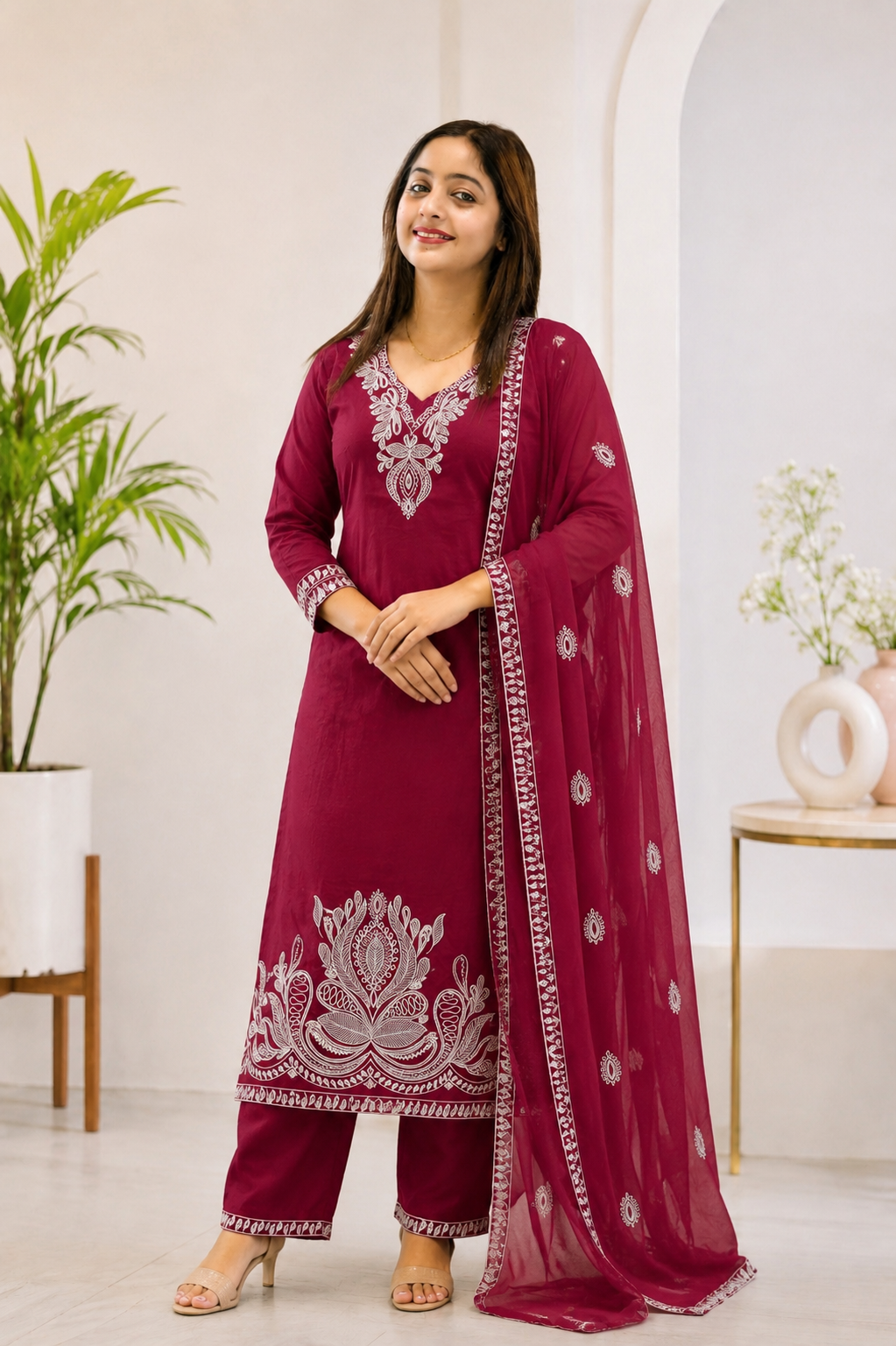 Coffee Brown Pure Cotton Suit Set | White Thread Embroidery | Straight Kurta with Salwar & Dupatta