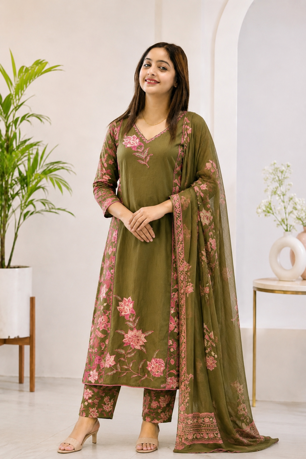 Olive Green Floral Printed Cotton Suit Set