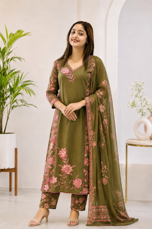 Olive Green Floral Printed Cotton Suit Set