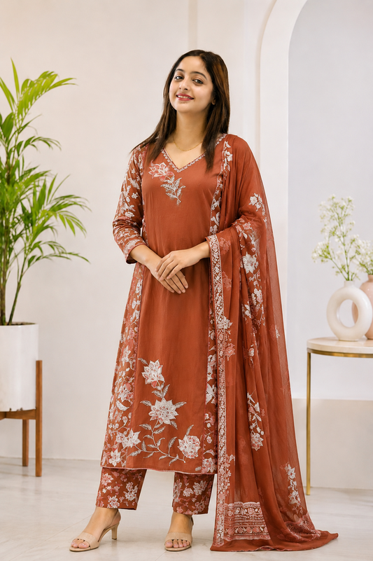 Olive Green Floral Printed Cotton Suit Set