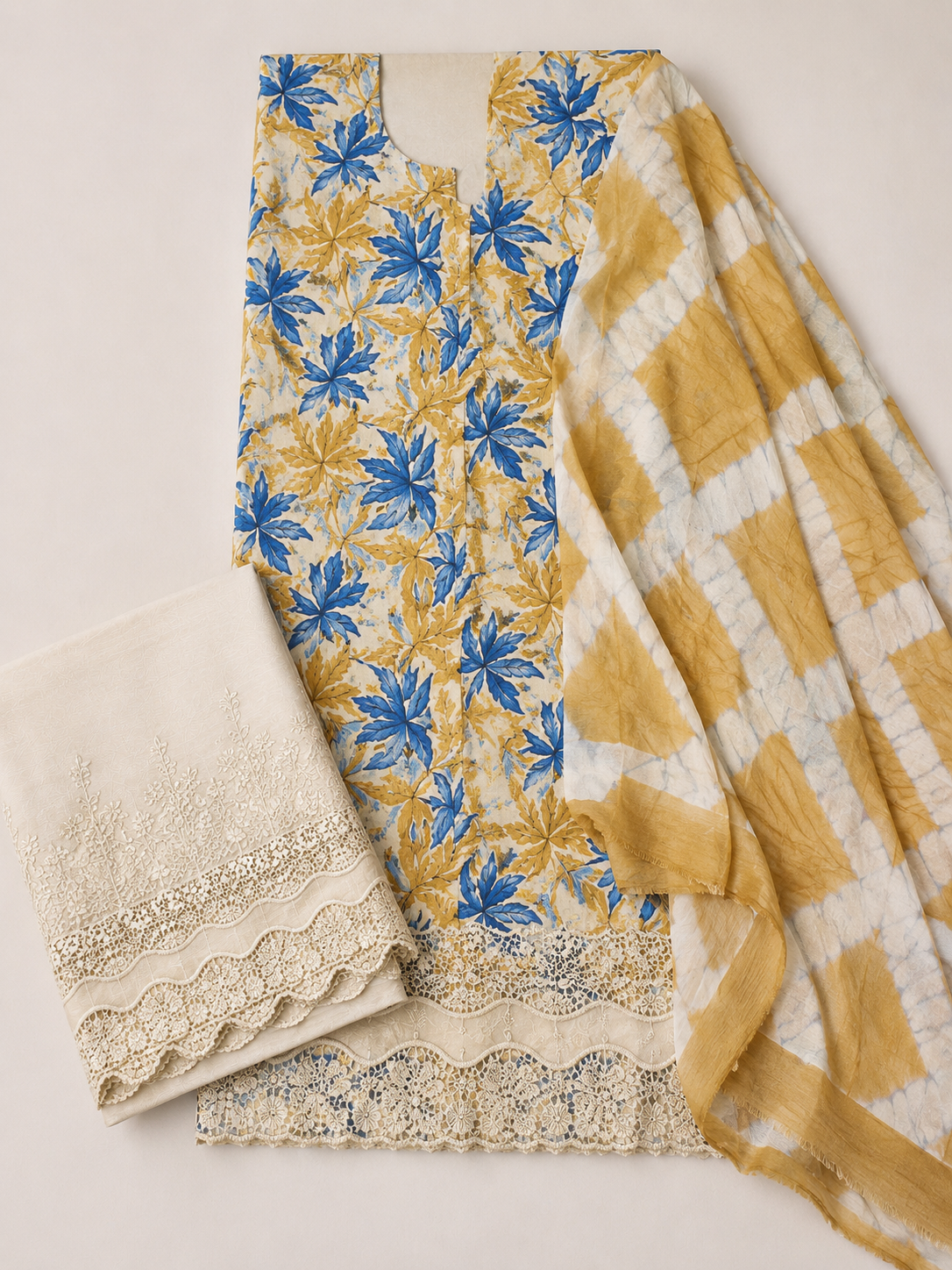 Floral print cotton suit set with Chikan palazzo and tie-dye dupatta – view 4