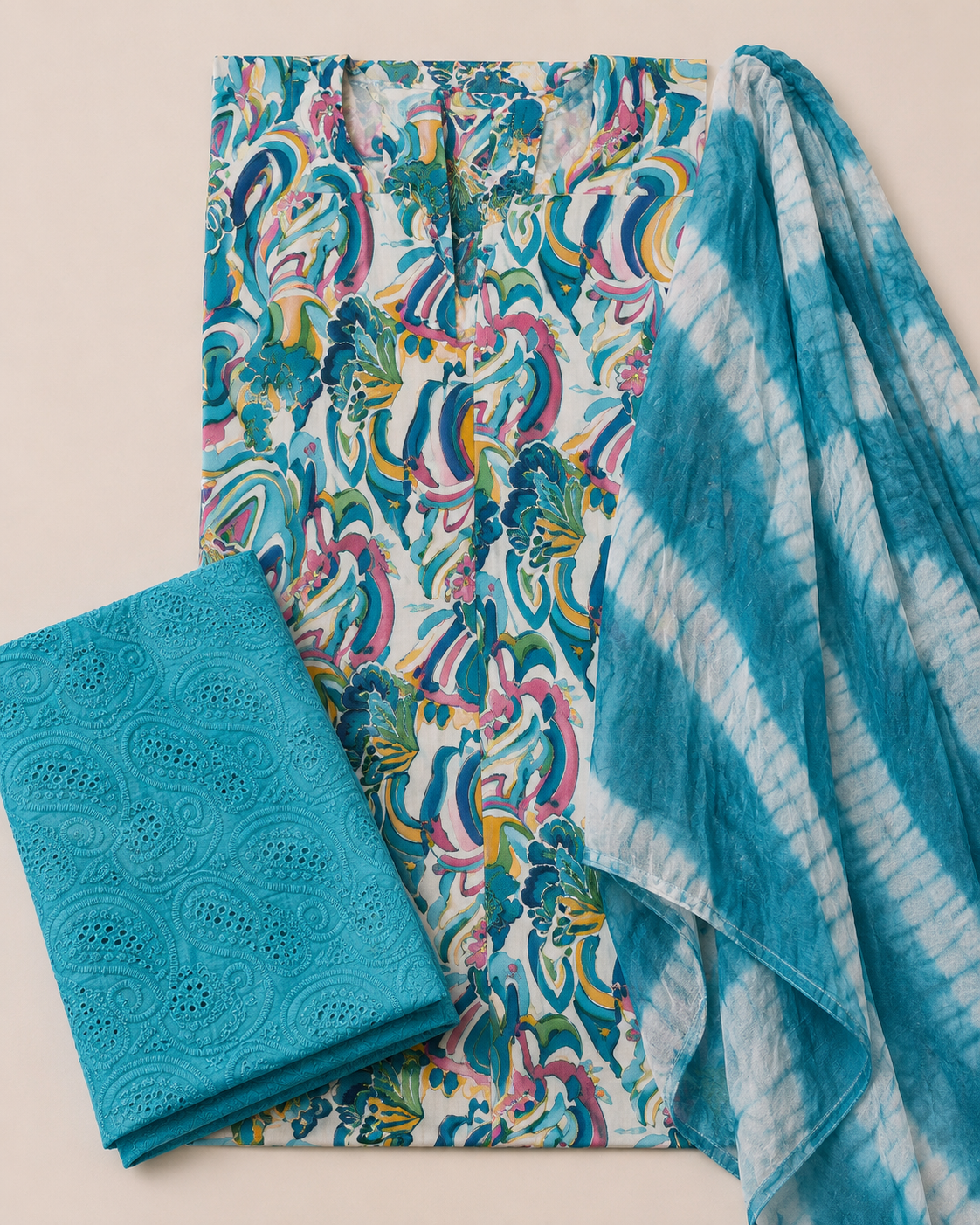 Floral print cotton suit set with Chikan palazzo and tie-dye dupatta – view 6