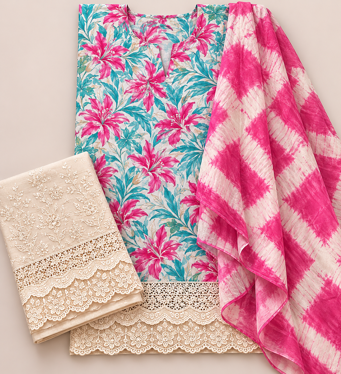 Floral print cotton suit set with Chikan palazzo and tie-dye dupatta – view 5