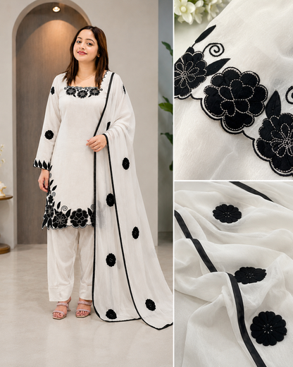 Black floral embroidered Patiyala suit set in Fandy silk with dupatta – view 7