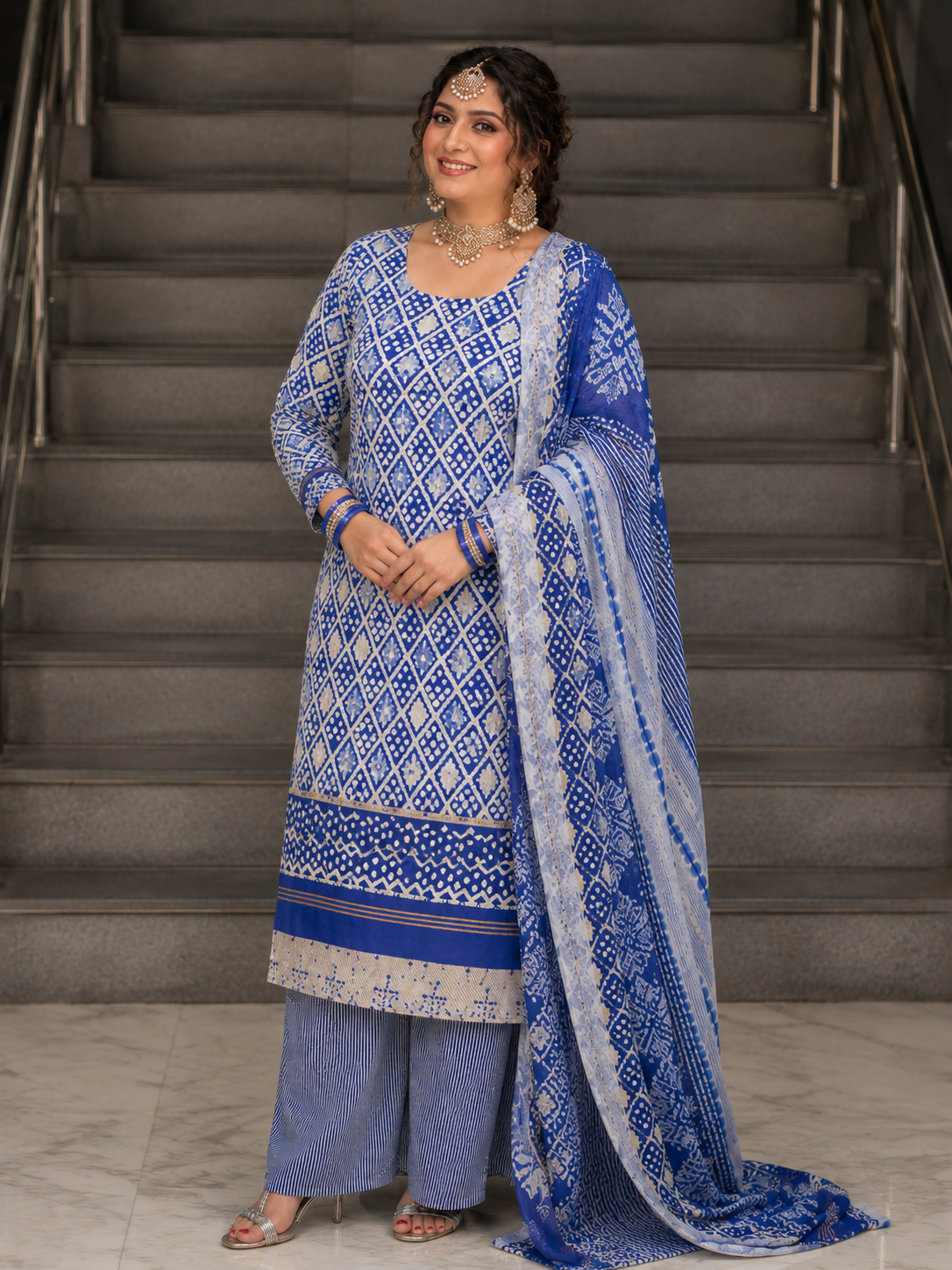 Green Bandhani print pure cotton suit set with kurta, bottom and printed dupatta – view 4