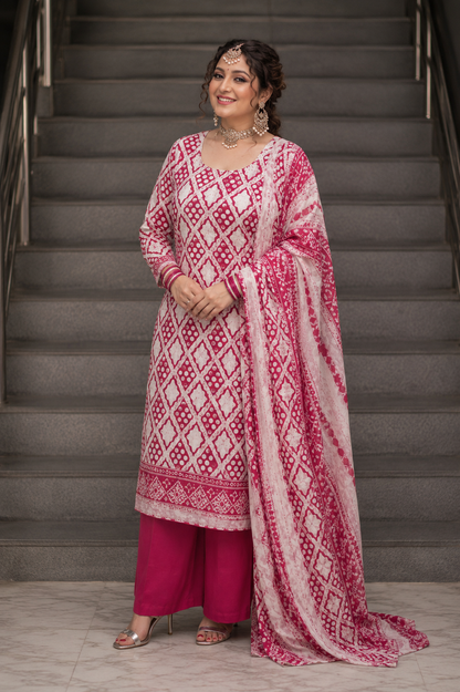 Green Bandhani print pure cotton suit set with kurta, bottom and printed dupatta