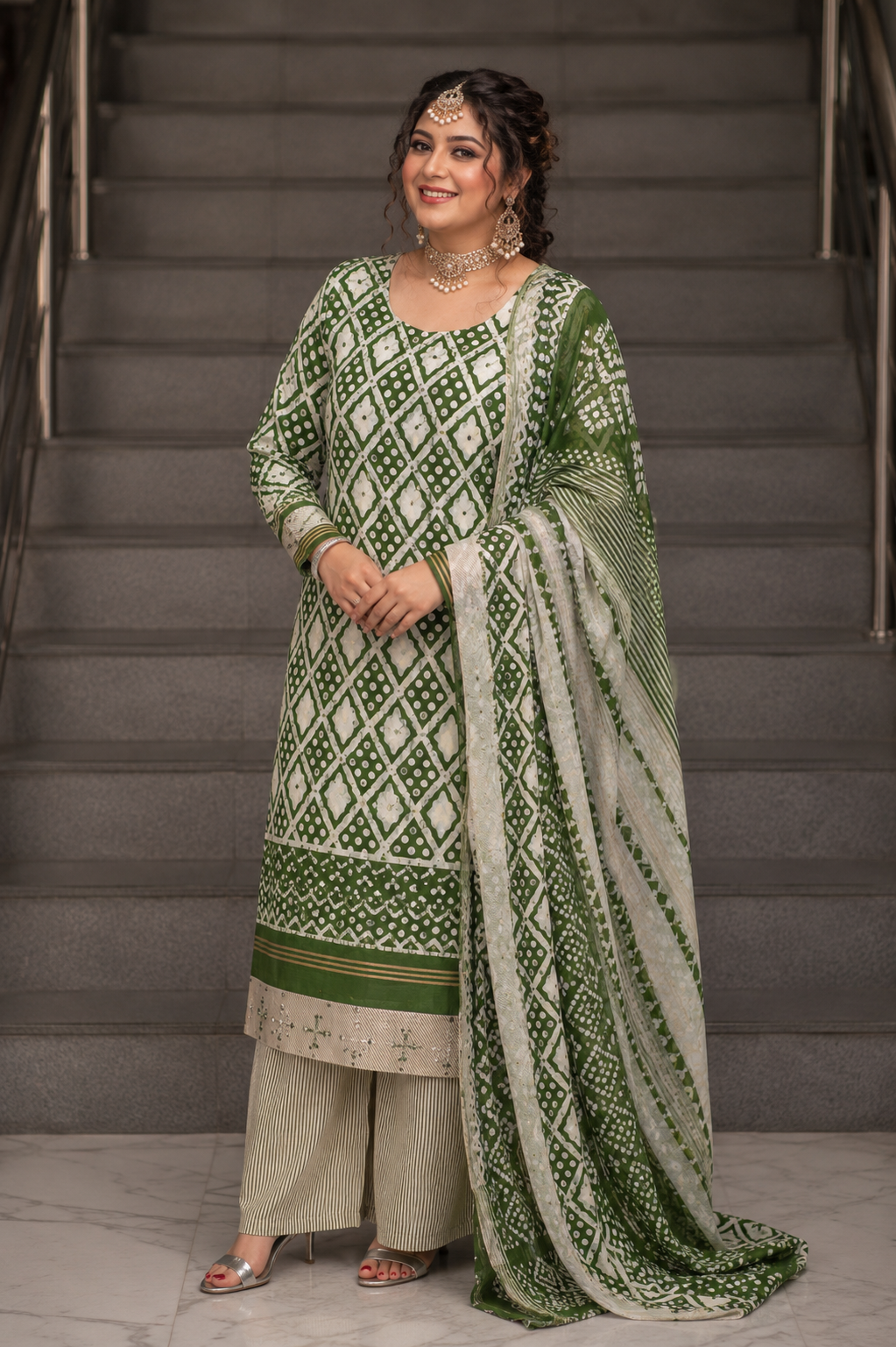 Green Bandhani print pure cotton suit set with kurta, bottom and printed dupatta – view 2
