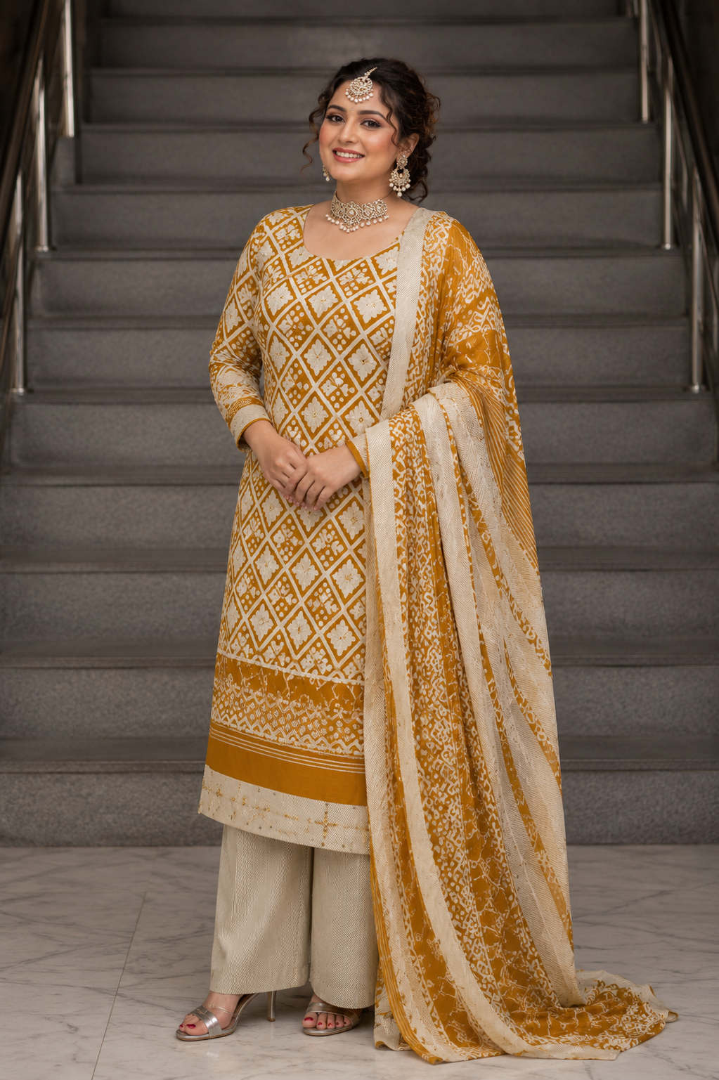 Green Bandhani print pure cotton suit set with kurta, bottom and printed dupatta – view 3