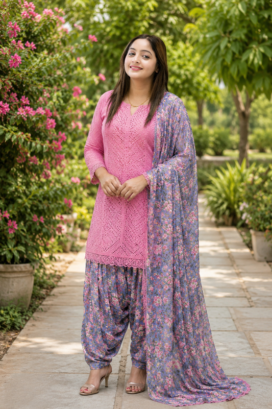 Lavender Hakooba Chickenkari Patiyala suit set with cotton shirt, satin patiyala and dupatta