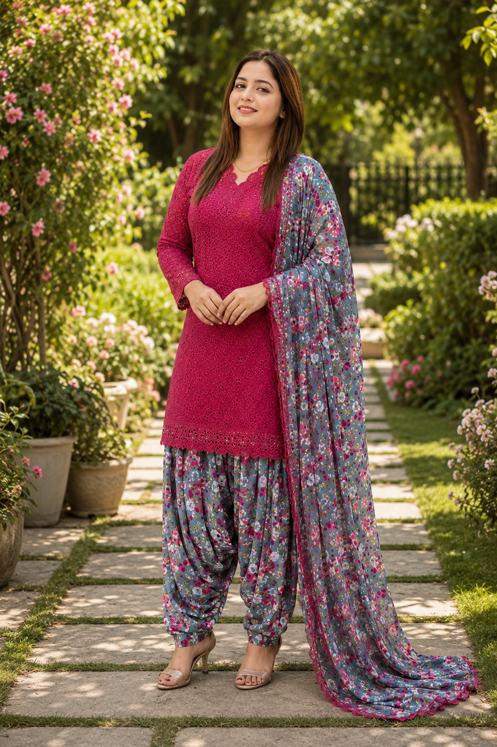 Lavender Hakooba Chickenkari Patiyala suit set with cotton shirt, satin patiyala and dupatta – view 3