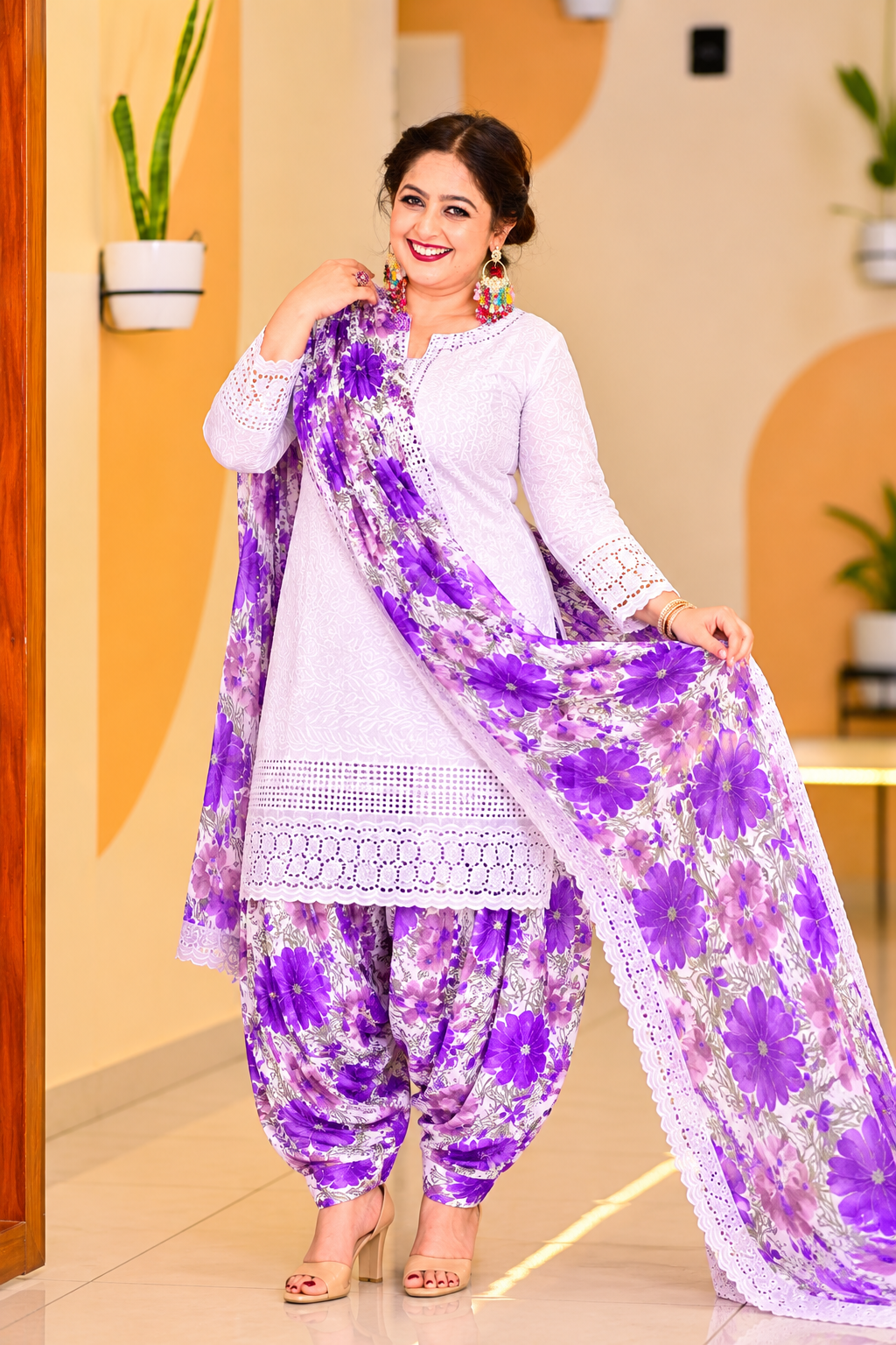 Lavender Hakooba Chickenkari Patiyala suit set with cotton shirt, satin patiyala and dupatta – view 5