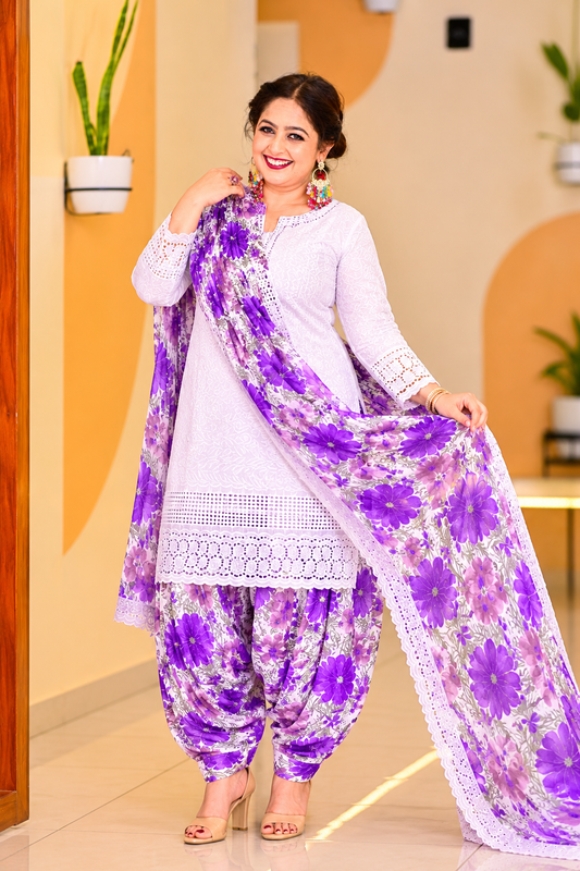 Lavender Hakooba Chickenkari Patiyala suit set with cotton shirt, satin patiyala and dupatta – view 5