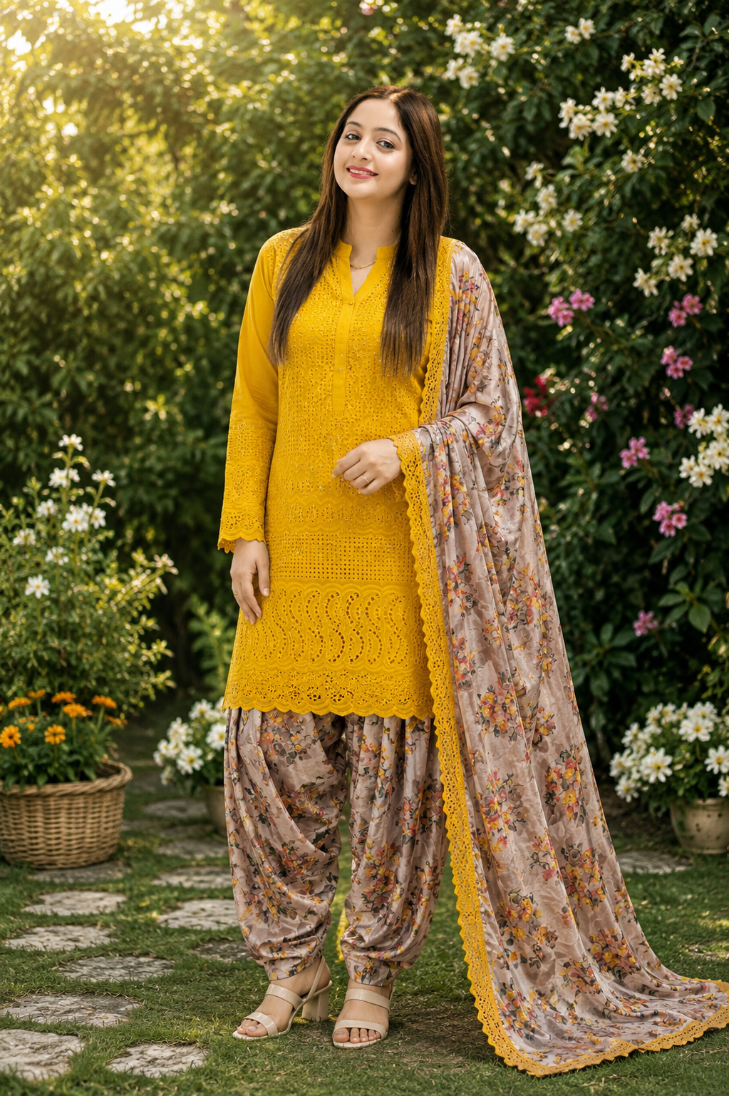 Lavender Hakooba Chickenkari Patiyala suit set with cotton shirt, satin patiyala and dupatta – view 2