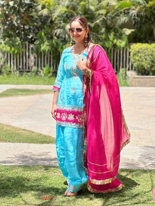 Sky Blue & Pink Embroidered Patiyala Suit Set with Chinon Dupatta