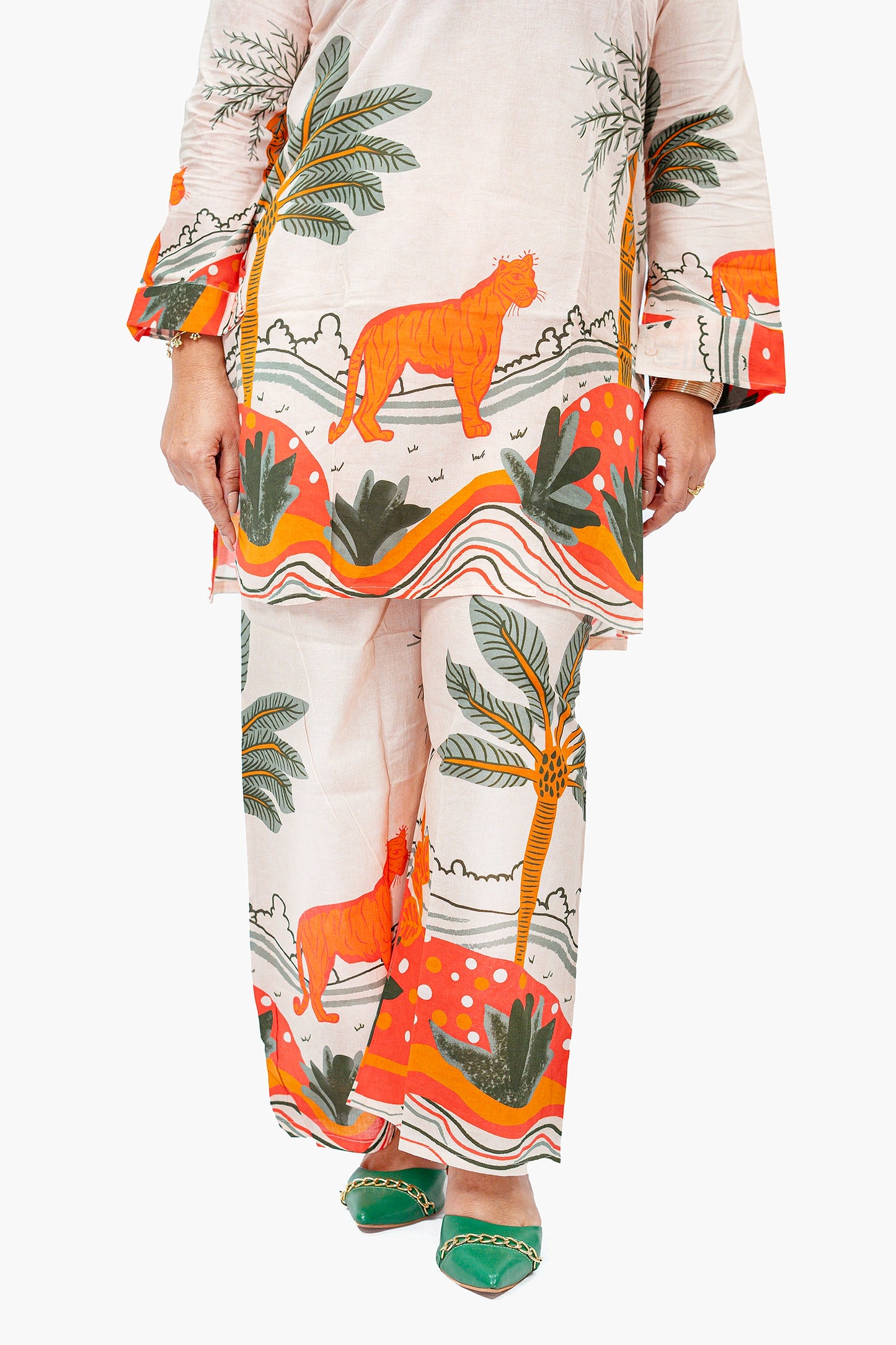 Tropical & Tiger Print Cotton Co-ord Set | Beige Multicolor