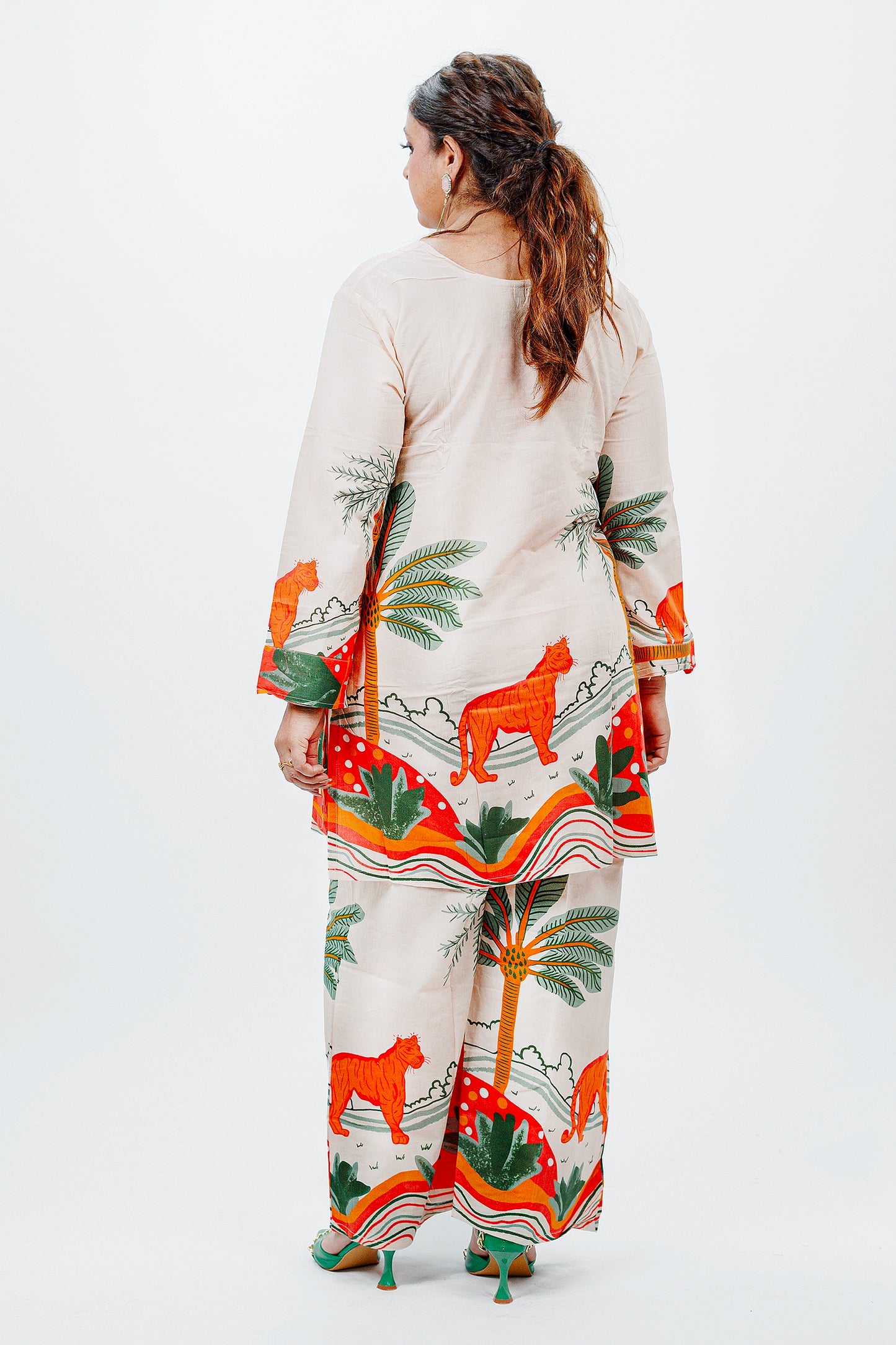 Tropical & Tiger Print Cotton Co-ord Set | Beige Multicolor