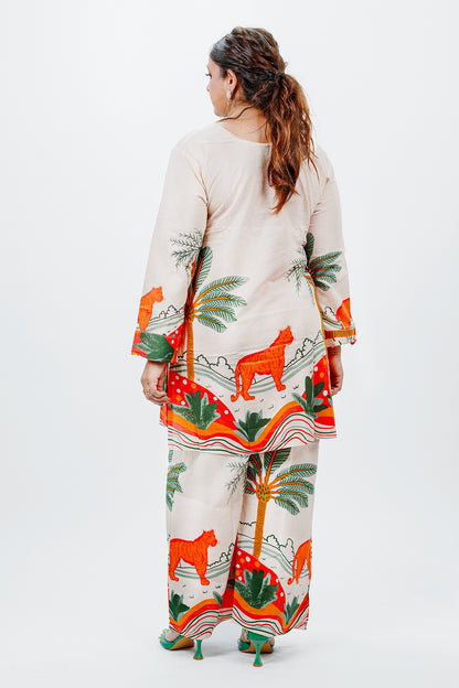 Tropical & Tiger Print Cotton Co-ord Set | Beige Multicolor