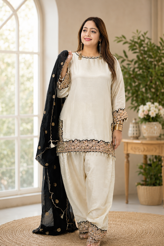 Ivory & Black Embroidered Kurta Set with Farshi Salwar & Organza Dupatta