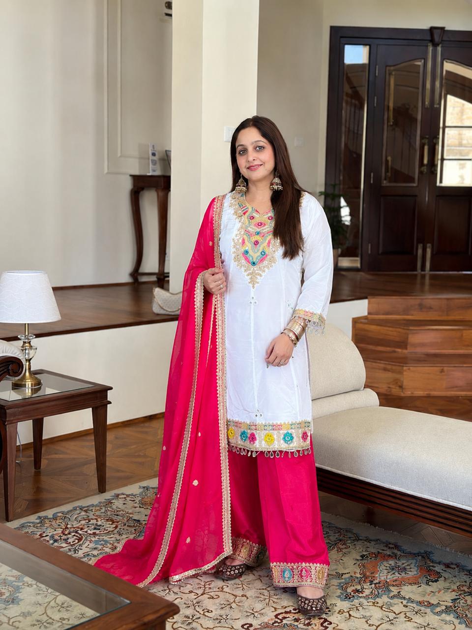White & Pink Pure Crepe Embroidered Salwar Suit with Dupatta