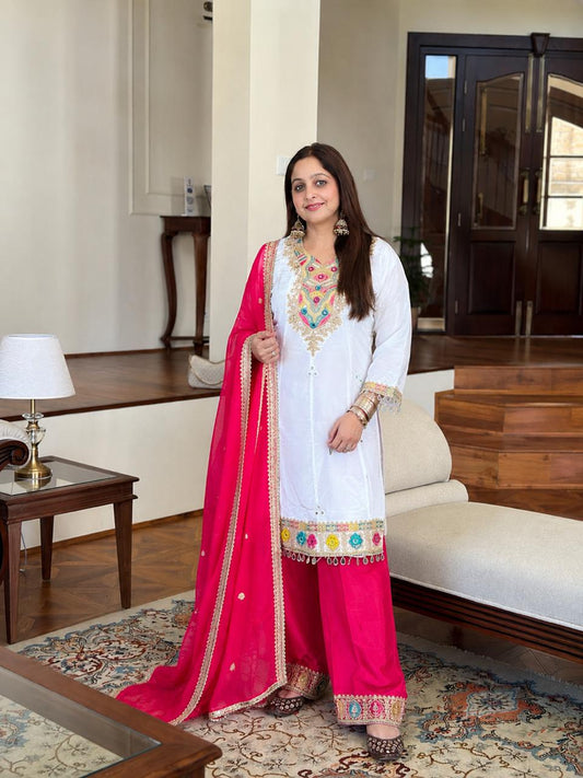White & Pink Pure Crepe Embroidered Salwar Suit with Dupatta