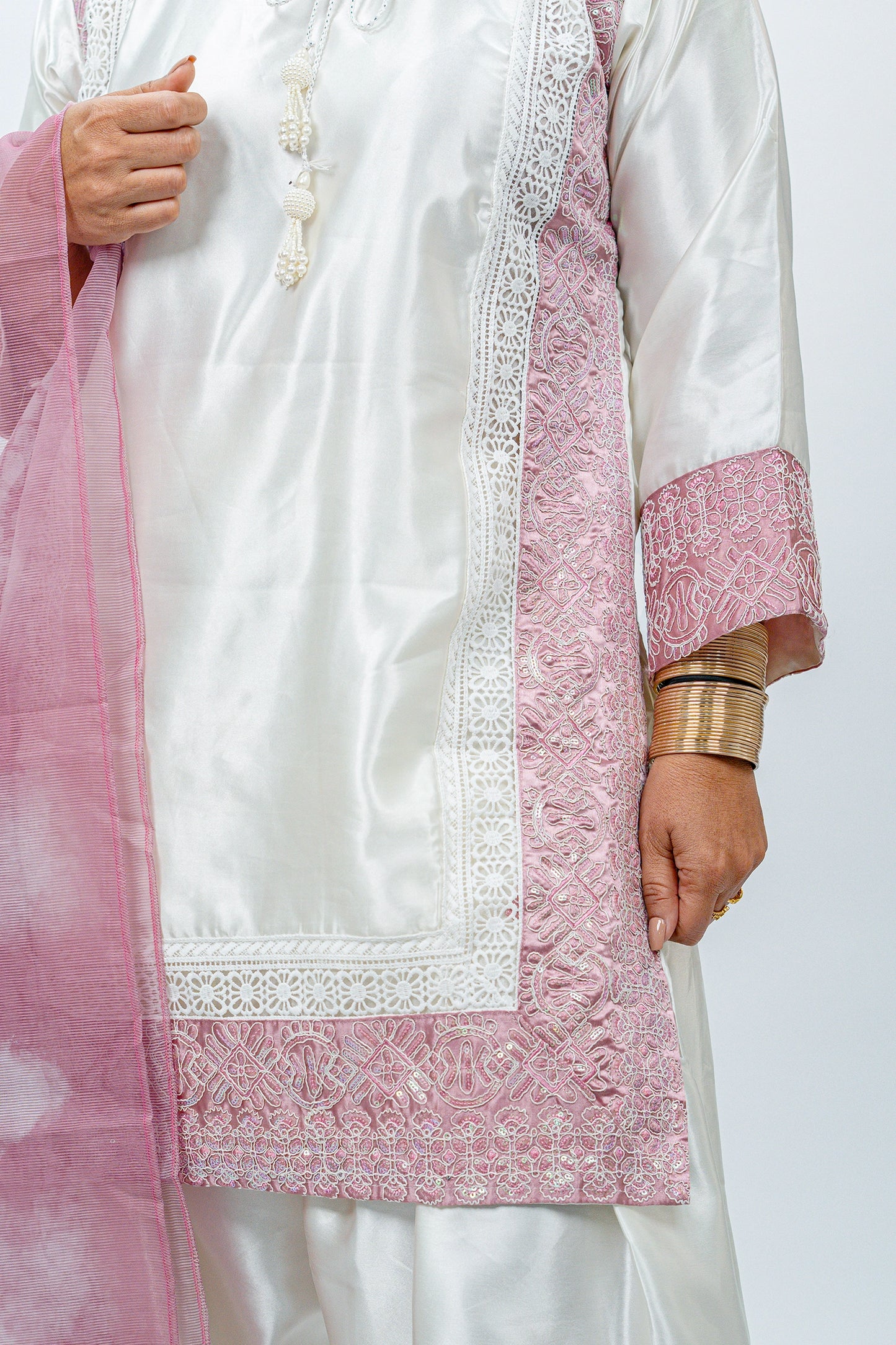 White & Pink Satin Farshi Salwar Suit with Tabby Dupatta
