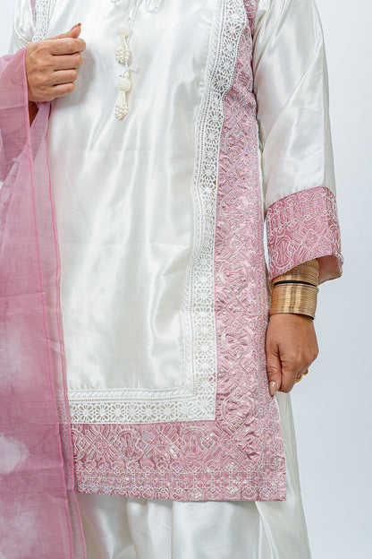 White & Pink Satin Farshi Salwar Suit with Tabby Dupatta