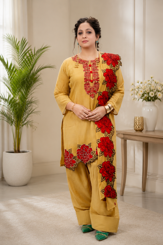Mustard & Red Georgette Patiyala Suit with Embroidered Dupatta