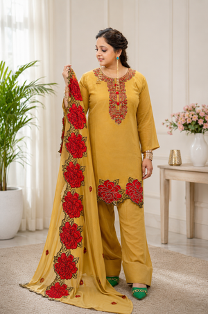 Mustard & Red Georgette Patiyala Suit with Embroidered Dupatta