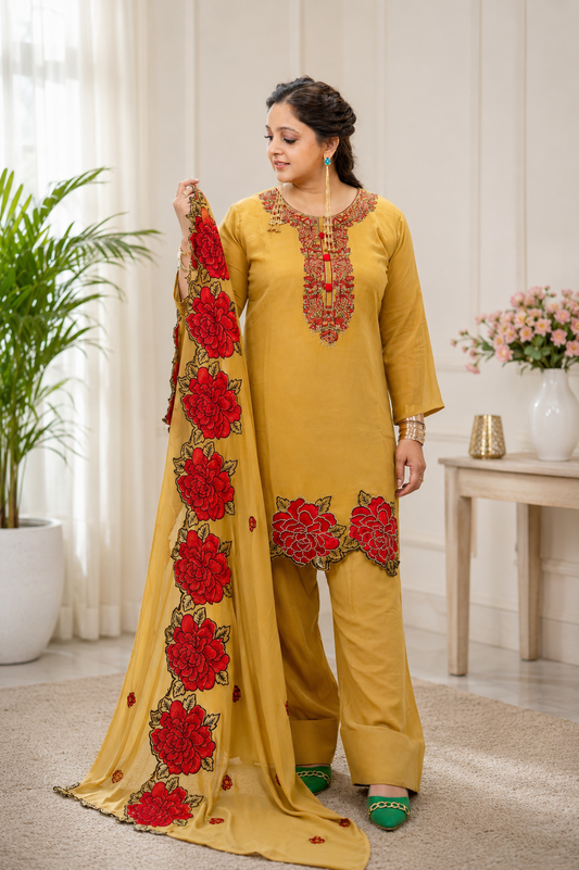 Mustard & Red Georgette Patiyala Suit with Embroidered Dupatta