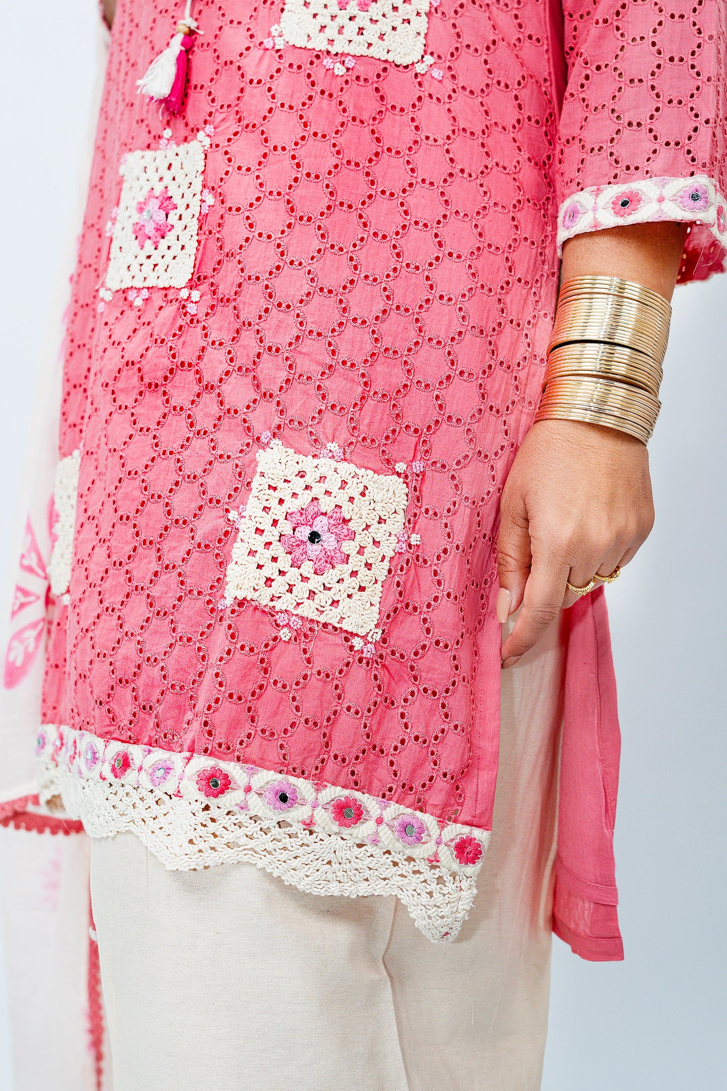 Pink Cotton Suit Set with Lace & Printed Detailing Kurta Salwar Dupatta