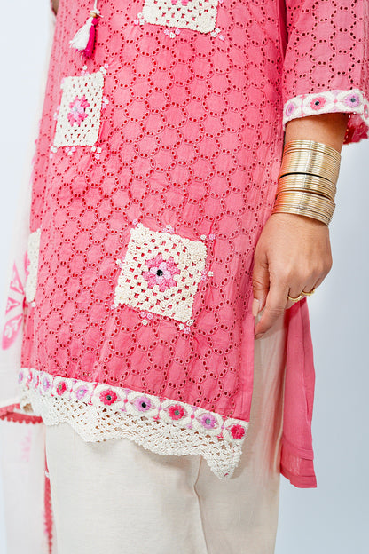 Pink Cotton Suit Set with Lace & Printed Detailing Kurta Salwar Dupatta